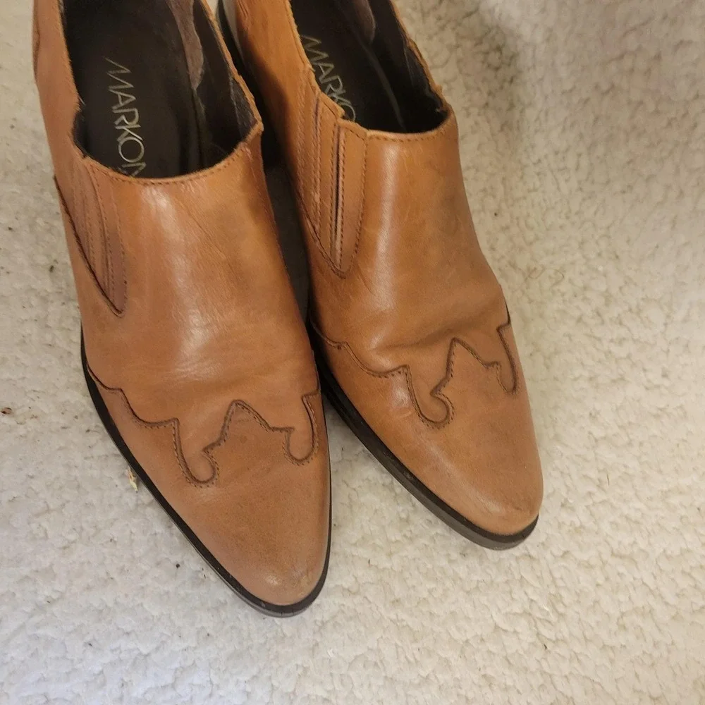 Markon Tan Leather‎ Western Booties Pointed Toe Stacked Block Heel Size 8
